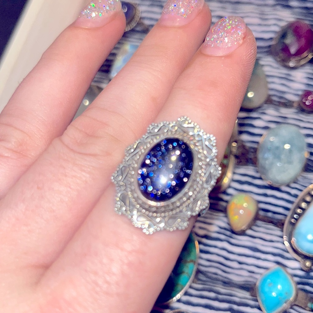 New Blue Sunstone/Goldstone Silver Ring size ~9